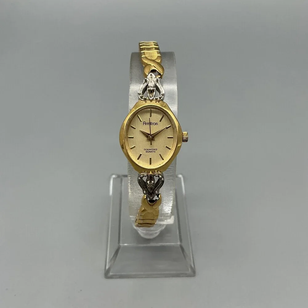 Vtg Armitron Diamond Womens Watch 18mm Champagne Dial Gold Tone New Battery